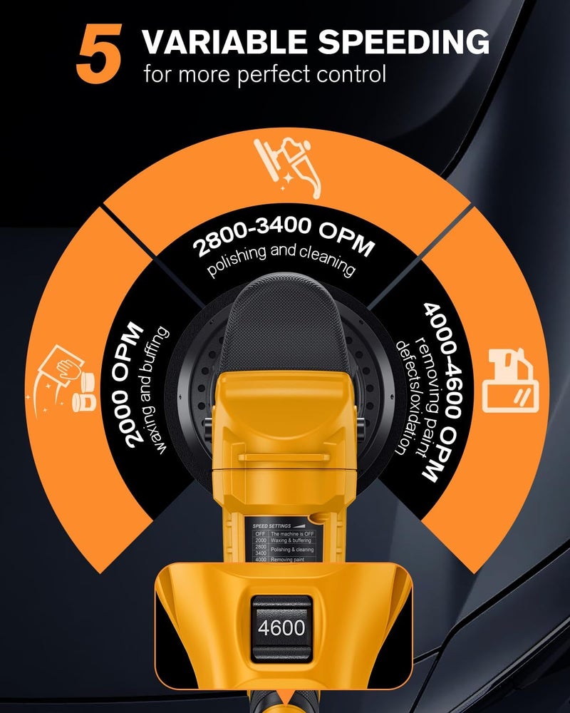 AIDERAR Brushless Cordless Car Buffer Polisher for Car Detailing, 15mm Dual Action, Compatible with DeWalt 20V MAX (Tool Only), 5-Speed Control, Includes 5-inch Polishing Pads & Accessories - Image 4